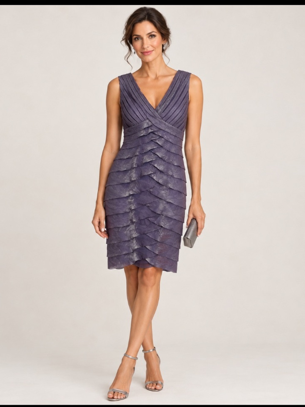 Adrianna Papell Purple Metallic Shutter Pleat Cocktail Dress Sz 8